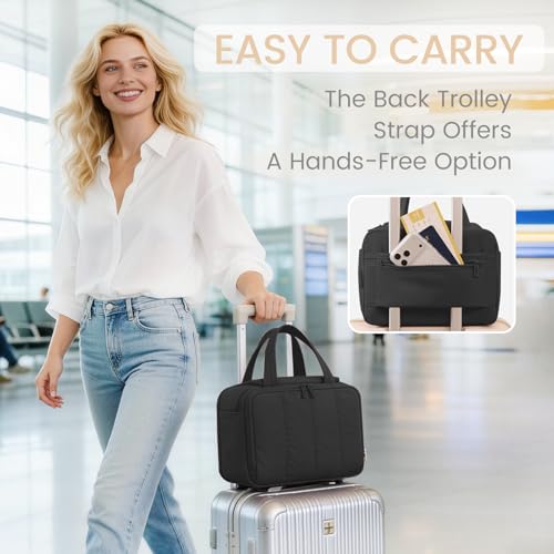 Toiletry Bag for Women Puffy Large,Travel Makeup Bag,Large Toiletry Bag with Adjustable Dividers,Waterproof Cosmetic Travel Bag with Trolley Sleeve,Toiletries Organizer,Black - color: Black