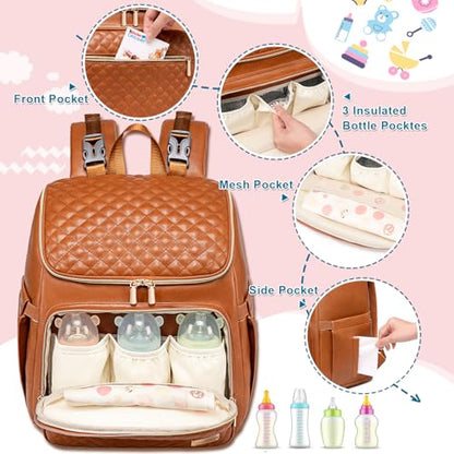 Weitars Diaper Bag Backpack Leather Baby Diaper Bag with Changing Pad Travel Diaper Backpack,Baby Bag for Mom,Stroller Straps,5 Insulated Pockets (Brown Leather) - color: Brown Leather