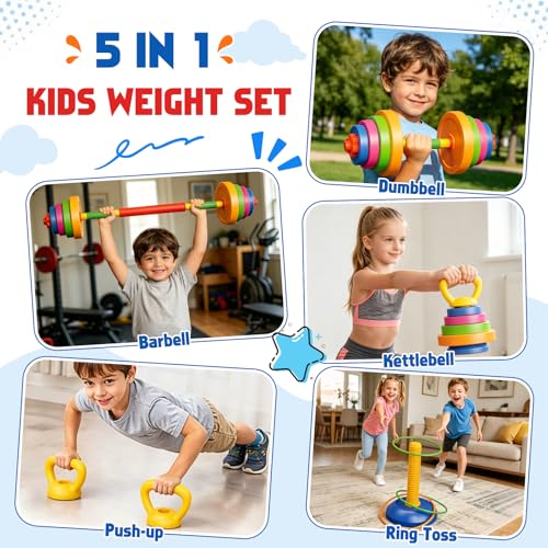 5-in-1 Kids Weight Set – Adjustable Fillable Toddler Weights Gym Set with Dumbbell, Barbell, Kettlebell, Ring Toss, Push-up – Kids Workout Equipment Children Beginner Home Gym Pretend Play Exercise