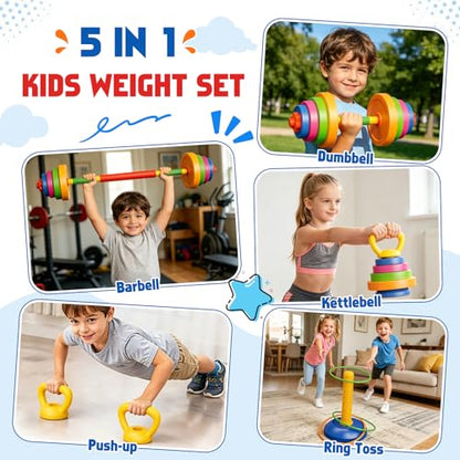 5-in-1 Kids Weight Set – Adjustable Fillable Toddler Weights Gym Set with Dumbbell, Barbell, Kettlebell, Ring Toss, Push-up – Kids Workout Equipment Children Beginner Home Gym Pretend Play Exercise
