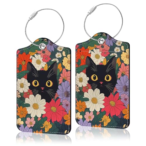 2 Pack Luggage Tag for Suitcase, Cute Unique Leather Suitcase Tags Identifiers with Privacy Name Address Labels & Durable Steel Loop for Women Men Travel - color: Black Cat 4