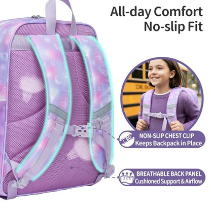 Kids Backpack for Girls - 17 Inch School Bookbag for Grades 3-5 | Elementary Girls Backpack Ages 8-10, Fits Binder Laptop, Reflective Strips, Chest Straps, Comfort Padded S-Straps, Purple - color: Dreamy Purple