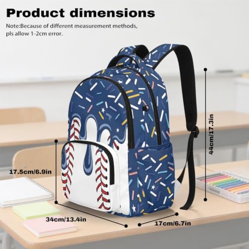 Suobstales Navy Blue Baseball Ice Cream Drip Print Kids Backpack for Girls Boys Elementary School Bookbag School Bag with Zippe Pocket Lightweight Rucksack Travel Daypack with Adjustable Straps - color: Navy Blue Baseball Ice Cream Drip