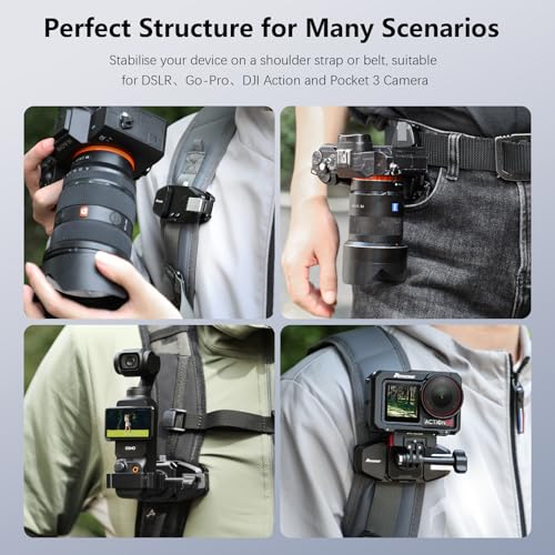 AMAZEAR Camera Backpack Clip for DJI Osmo Pocket 4/DSLR/Action Cameras, One-Handed Bag Strap Belt Clip with Quick Release Plate Mount for Canon Nikon Sony Fuji Go-Pro Cam with Safety Latch, Black