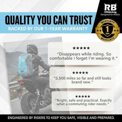 riderbag Reflective Motorcycle Backpack, Hi Viz Commuter Riding Bag | Designed by Riders for Everyday Rides with Laptop Compartment and Helmet Net. Built to Help You Be Seen. - color: Light Blue