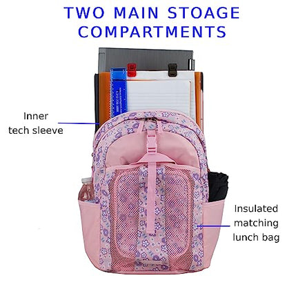 FUEL Lunch Backpack Set Teens Student Water Resistant Bookbag Bag Soft Reusable Insulated Cooler Lunch Box Thermal Travel Office Lunch Bag, Pink Flowers - color: Light Pink/Ditsy Floral Print