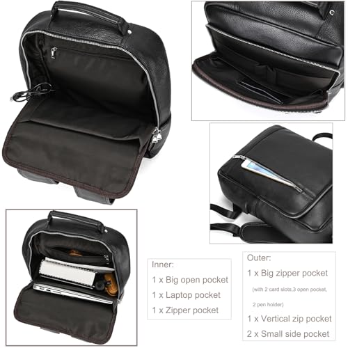Genuine Leather Backpack Men Casual Daypack 15.6 Inch Laptop Rucksack Business Travel Outdoor Shoulder Bag with Trolley Sleeve (Black) - color: 8028-black