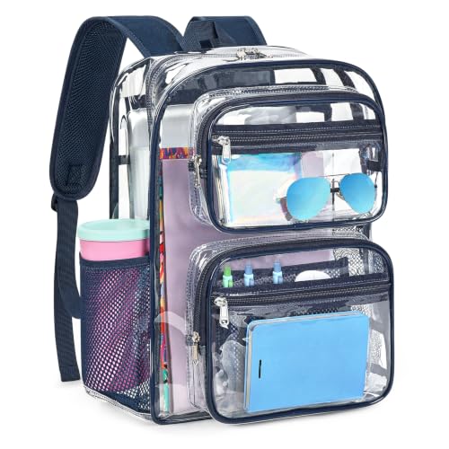 ZORFIN Heavy-Duty Clear Backpack for School and Work, Large Transparent Bag with Reinforced Straps - color: Steel Blue, size: Large