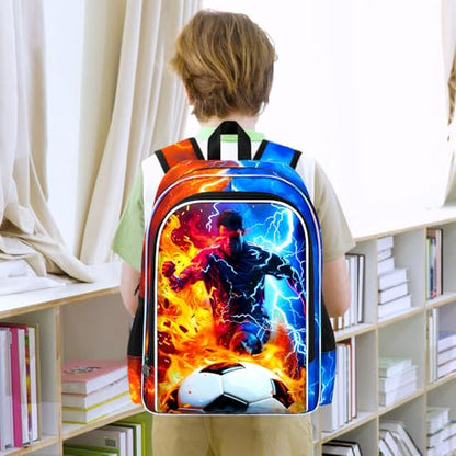 AGSDON 3PCS Boys Backpack for Boys, 17" Kids Bookbag with Lunch Box for Boy,Soccer Flame Thunder Backpacks Water Resistant and Lightweight for Teen - color: Football