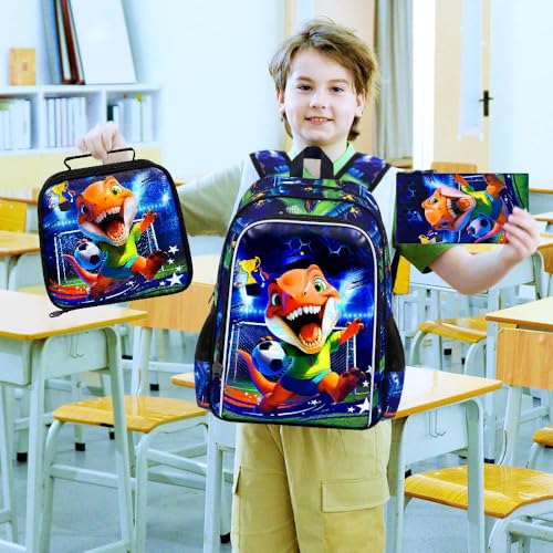 16" Dinosaur Soccer Backpack Set for Boys 4-8, 3Pcs Preschool Bookbag with Football Lunch Box & Pencil Case, Lightweight School Bag (Blue) - color: Soccer Dinosaur Blue