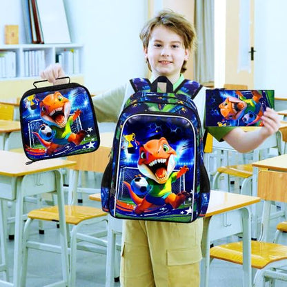 16" Dinosaur Soccer Backpack Set for Boys 4-8, 3Pcs Preschool Bookbag with Football Lunch Box & Pencil Case, Lightweight School Bag (Blue) - color: Soccer Dinosaur Blue