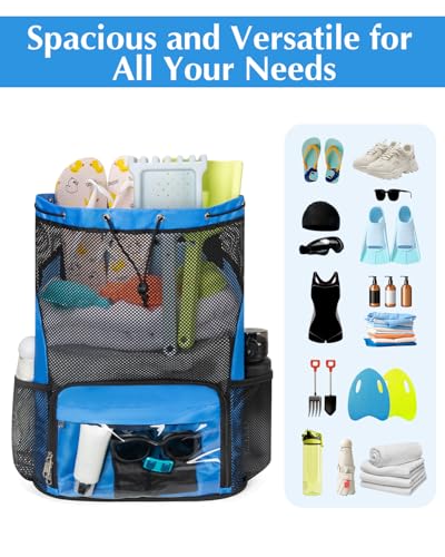 Drawstring Backpack Sandproof Beach Backpack with Shoe Compartment & Wet Pocket Waterproof Mesh Swim Bag Pool Bag for Gym, Travel and Workout Gear (Blue) - color: Blue