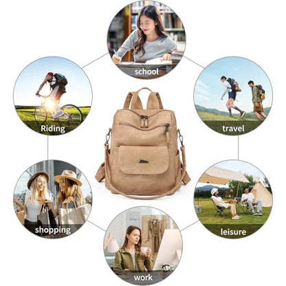 Backpack Purse for Women, PU Leather Backpack Purse, Fashion Travel Anti Theft Backpack, Multipurpose Lightweight Waterproof Convertible Purse Shoulder Bag Handbag, Kakhi - color: Kakhi
