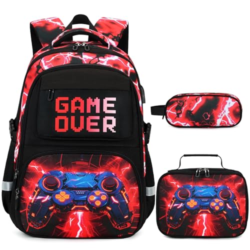 Scothen 3PCS Boys Backpack Set, Cool Backpack for Boys with Lunch Bag & Pencil Case, Kids School Bag Teen Boy Bookbag for Kindergarten Elementary Middle School with USB Charging Port - color: Red Lightning