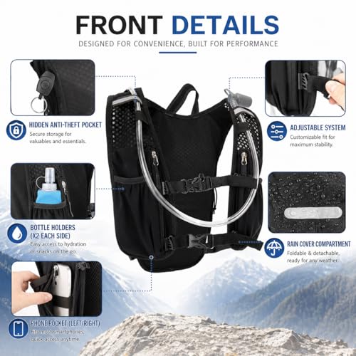 Zavothy Hydration Backpack with 1.5L Water Bladder, Lightweight Water Backpack for Women, Hydration Pack with Rain Cover for Running Hiking Cycling Festival, Reflective Bounce-Free Fit - color: Black