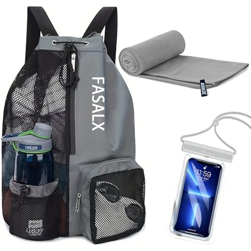 3-in-1 Swim Beach Gym Gear Set.Mesh Drawstring Backpack + Microfiber Beach Towel + Waterproof Phone Pouch, for Swimming, Gym - color: Grey