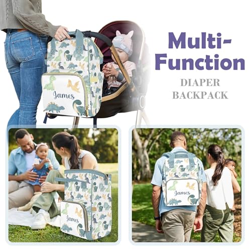 Dinosaur Personalized Name Nappy Bag Large Capacity Baby Diaper Bags, Color Green Monogram Daypack Custom Name Backpack Casual Daypack Bag Gifts for Nephew Son Grandson - color: Green Dinosaur 01