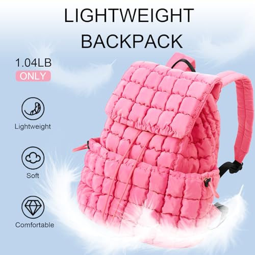 XSUIOY Quilted Backpack Purse for Women Small Lightweight Puffer Puffy College Laptop Backpack Nylon Casual Bookbag Daypack Top Flap Drawstring Padding Hiker Travel Gym Backpack(Pink) - color: Pink