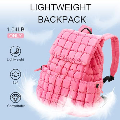 XSUIOY Quilted Backpack Purse for Women Small Lightweight Puffer Puffy College Laptop Backpack Nylon Casual Bookbag Daypack Top Flap Drawstring Padding Hiker Travel Gym Backpack(Pink) - color: Pink