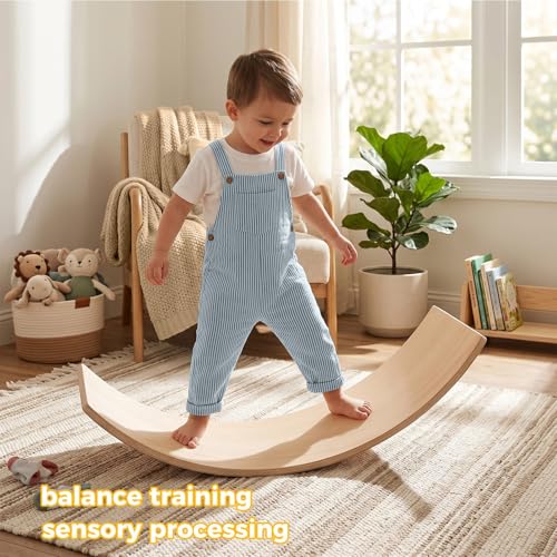 Gecheer 32 Inch Wooden Rocker Board for Kids and Adults – Balance Training, Sensory Integration, Seesaw & Yoga Prop – 300 lb Capacity
