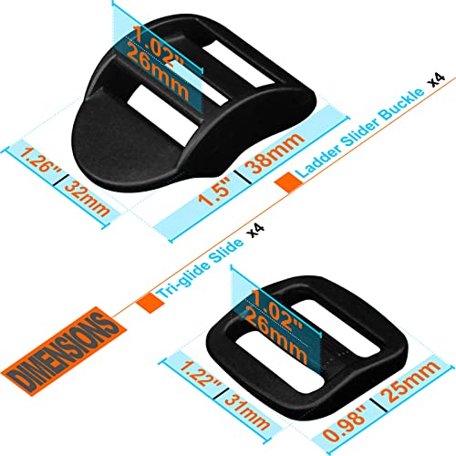 LASIGHT 4 Pack Slider Ladder Lock Buckle and Tri-glide Slide for 3/4", 1", 1-1/4", 1-1/2", 2" Webbing Strap - style: Fit 1" Webbing