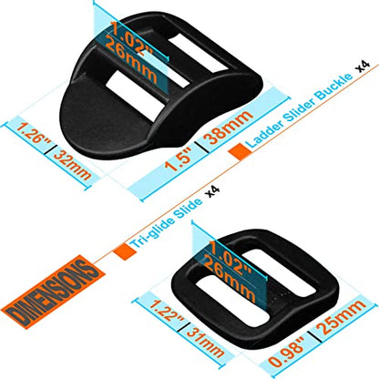 LASIGHT 4 Pack Slider Ladder Lock Buckle and Tri-glide Slide for 3/4", 1", 1-1/4", 1-1/2", 2" Webbing Strap - style: Fit 1" Webbing