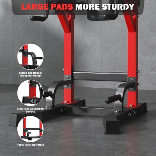DlandHome Power Tower Pull Up Bar Station, Heavy Duty Pull Up Dip Station Adjustable Height for Home Gym Strength Training Equipment, 330LBS Weight Capacity - color: Red