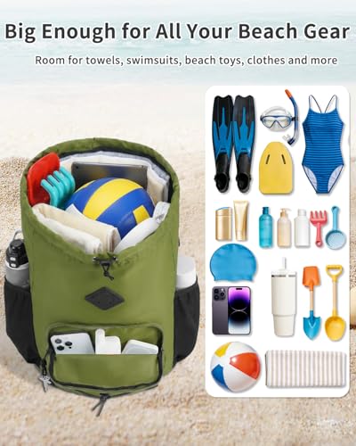 WANDF Drawstring Backpack with Removable Wet Pocket, Sandproof Beach Backpack with Bottom Compression Strap for Beach Mat, Swim Bag for Pool, Gym, Travel and Workout Gear (Dark Green) - color: Dark Green