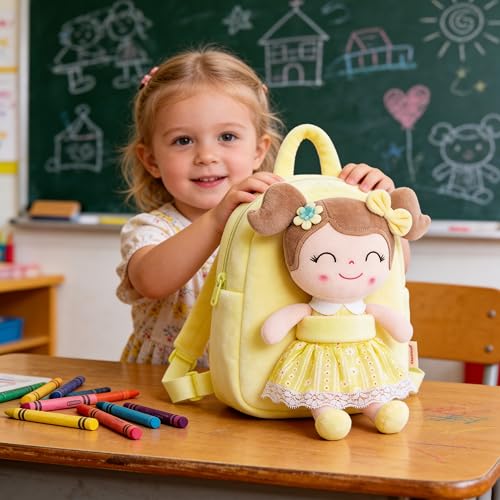Gloveleya Back to School Gifts for Girls Kids Backpack Toddler Girls Backpacks with Soft Plush Spring Girl Doll Toys Yellow - color: A012 Spring Girl Yellow & Doll, size: 9 inches