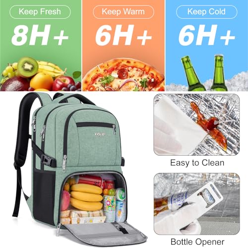 Insulated Lunch Backpack Fit 17" Laptop, Work Backpack with Lunch Box for Men & Women, Water Resistant College Computer Bag for Travel, Business, Hiking - color: Green