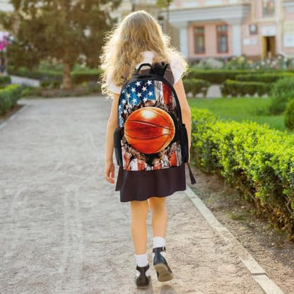 Basketball American Flag Backpack, Durable Polyester Daypack with Laptop Compartment, Reinforced Bottom, Adjustable Shoulder Straps And Multi Pockets for Travel And Daily Use - color: Basketball American Flag