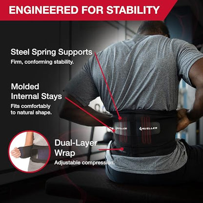 MUELLER Sports Medicine Adjustable Lumbar Back Brace, Lower Back Pain Relief and Support Belt for Men and Women, Black, One Size Fits Most