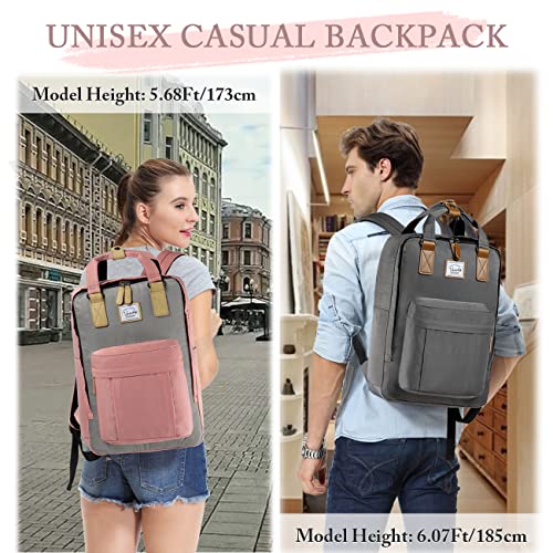 VASCHY School Backpack for Women/Teen Girls, Travel Backpack Water Resistant College High School Computer Bag Student Bookbag, Pink and Gray