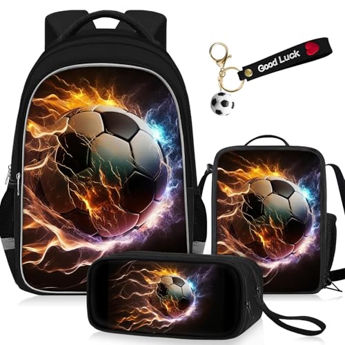 TILYTADLY School Backpack for Boys - 4pcs Soccer Boys Backpack with Lunch Box and Pencil Case for Kids Children Teens Elementary Middle School - Students Bag for Ages 6-18,17″Bookbag Travel Back Pack - color: Soccer-09-backpack Set