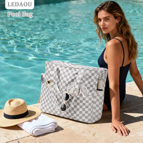 LEDAOU Beach Bag Waterproof Sandproof Women Beach Tote Pool Bag with Zipper for Swim Gym Grocery Travel with Wet Pocket | Sandproof - color: Checkered-light Gray