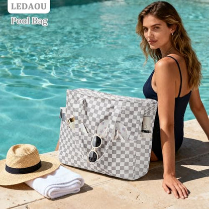 LEDAOU Beach Bag Waterproof Sandproof Women Beach Tote Pool Bag with Zipper for Swim Gym Grocery Travel with Wet Pocket | Sandproof - color: Checkered-light Gray