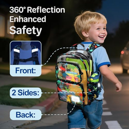 Bagseri Clear Backpack for Boys, 15 Inch Heavy Duty Kids Transparent Bookbag for School Kindergarten to 2nd Grade, Fits 12.5 Inch Folders, High Visibility Reflective Strips, Black Dinosaur - color: 1pcs, B-black Dinosaur, style: Backpack