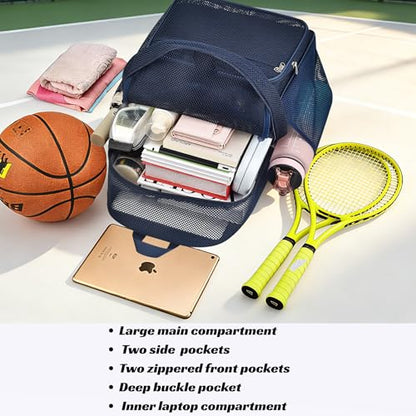 Metaverse Mesh Sports Backpack 20 Inch with Racket Holder for Men Women, Large Travel Gym Beach Backpack with Water Bottle Pockets - color: Navy