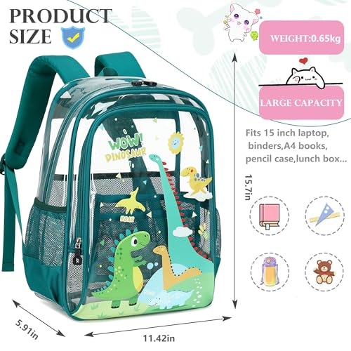 AO ALI VICTORY Clear Backpack for School,PVC Transparent Kids Bookbag for Girls Boys Cute Toddler Back Pack Kindergarten Elementary Schoolbag Stadium Approved See Through Backpacks,Green Dinosaur - color: Green Dinosaur