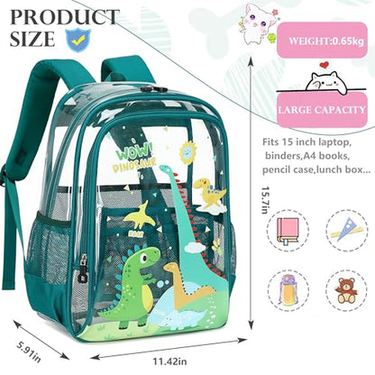 AO ALI VICTORY Clear Backpack for School,PVC Transparent Kids Bookbag for Girls Boys Cute Toddler Back Pack Kindergarten Elementary Schoolbag Stadium Approved See Through Backpacks,Green Dinosaur - color: Green Dinosaur