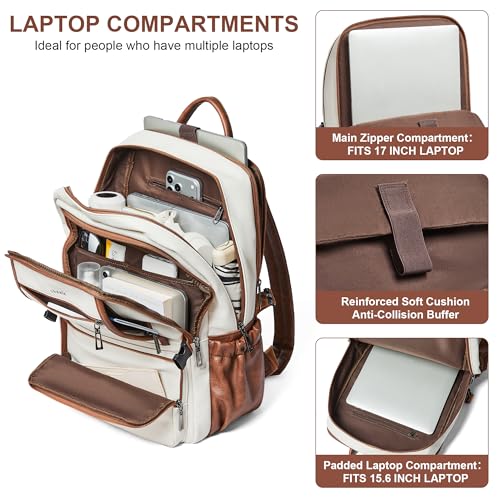 Shrrie 17 Inch Laptop Backpack Purse for Women with Giant Tumbler Holders | Vegan Leather Backpack with Large Water Bottle Pocket,Work Travel Business College Teacher Nurse,35L Large Capaity - color: Beige With Brown