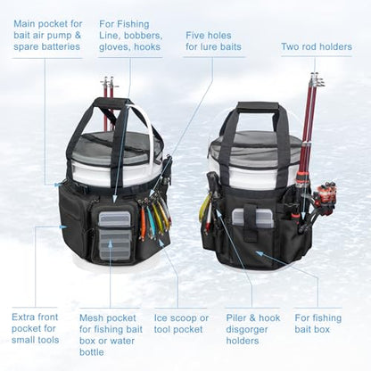 Fishing Bucket Organizer with Bucket Cover Fishing Tackle Bag with Rod & Plier Holder, Multi-Pockets for 5 Gallon Bucket Fishing Gear & Accessories Father Gifts - color: Black