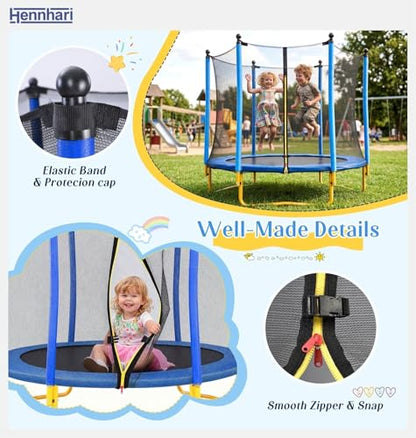 5 FT Kids Trampoline with Safety Enclosure Net, Indoor Outdoor Toddler Trampoline with U-Shaped Legs & Foam Poles, Mini Trampoline for Kids - color: Blue