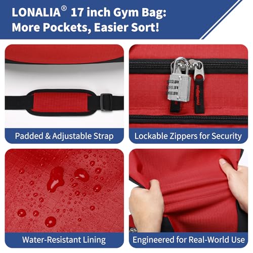 30L Gym Sport Duffle Bag - 17 inch Carry on Weekender Overnight Bag for Travel, Workout, Fitness (Red-30L) - color: Red