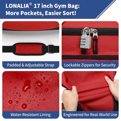 30L Gym Sport Duffle Bag - 17 inch Carry on Weekender Overnight Bag for Travel, Workout, Fitness (Red-30L) - color: Red