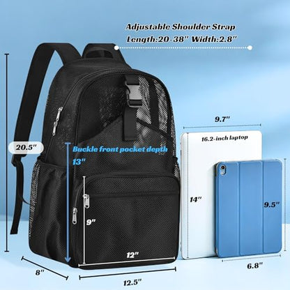 Metaverse Mesh Sports Backpack 20 Inch with Racket Holder for Men Women, Large Travel Gym Beach Backpack with Water Bottle Pockets - color: Black