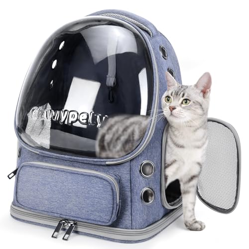 Cawypety Cat Backpack Carrier, Breathable Cat Carrier Large Space Bubble Pet Backpack for Kitty Small Dog up to 12lbs, Transparent & Foldable Pet Carrier for Travel Hiking (Blue - color: Blue