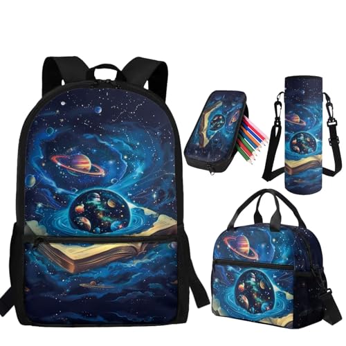 Book Galaxy Backpack for Boys Kids Backpack with Lunch Box Water Bottle Carrier and Pencil Case 4PCS Set Elementary School Backpacks for Boys Bookbag with Handle 17 Inch Schoolbag - color: Book Galaxy