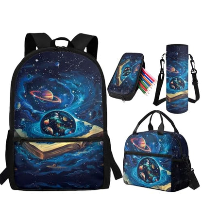 Book Galaxy Backpack for Boys Kids Backpack with Lunch Box Water Bottle Carrier and Pencil Case 4PCS Set Elementary School Backpacks for Boys Bookbag with Handle 17 Inch Schoolbag - color: Book Galaxy