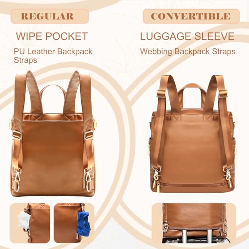 miss fong Diaper Bag Backpack Baby Diaper Bag, Large Leather Diaper Bag Backpack with Changing Pad,Pañaleras Para Bebe for Moms, Stroller Straps, and 2 Insulated Pockets(Convertible, Brown) - color: Brown